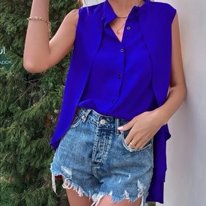 Bohemian Royal Blue Button up Layered Sleeveless Top Work Office S M L XL